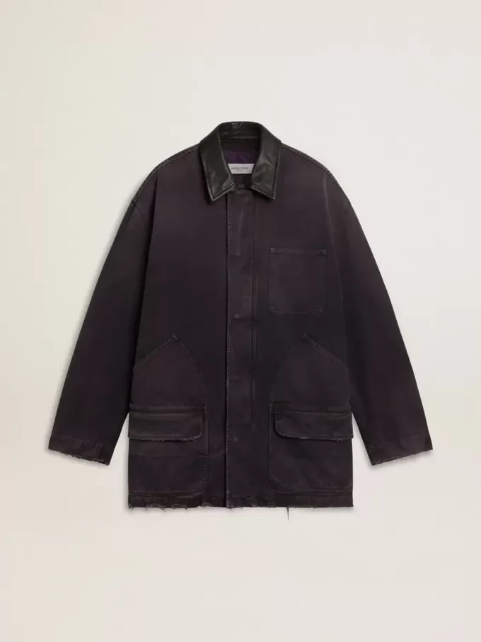 Jacheta din denim pentru bărbați, cu detalii uzate și guler din piele