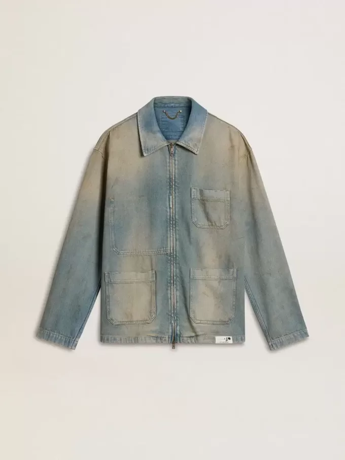 Jacheta din denim pentru bărbați, cu efect uzat, cu fermoar Jacheta din denim pentru bărbați, cu efect uzat, cu fermoar