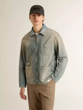 Jacheta din denim pentru bărbați, cu efect uzat, cu fermoar