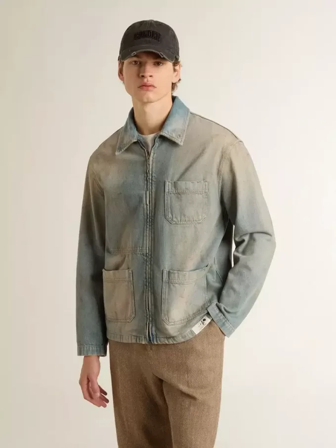 Jacheta din denim pentru bărbați, cu efect uzat, cu fermoar Jacheta din denim pentru bărbați, cu efect uzat, cu fermoar