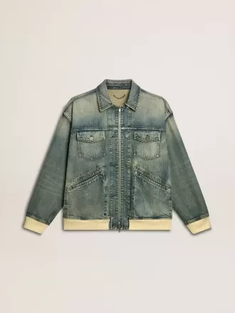 Jacheta din denim spălat pentru bărbați, cu nervuri din amestec de lână