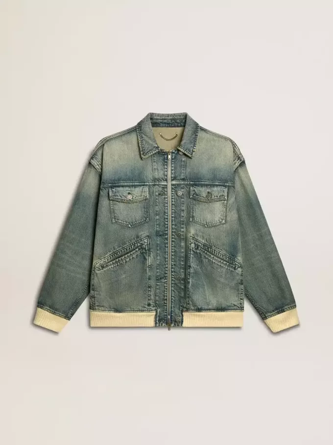 Jacheta din denim spălat pentru bărbați, cu nervuri din amestec de lână