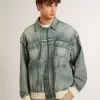 Jacheta din denim spălat pentru bărbați, cu nervuri din amestec de lână