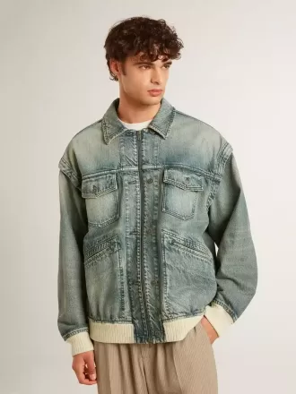 Jacheta din denim spălat pentru bărbați, cu nervuri din amestec de lână