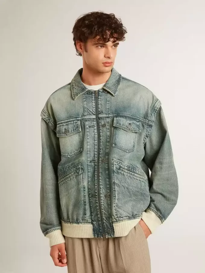 Jacheta din denim spălat pentru bărbați, cu nervuri din amestec de lână