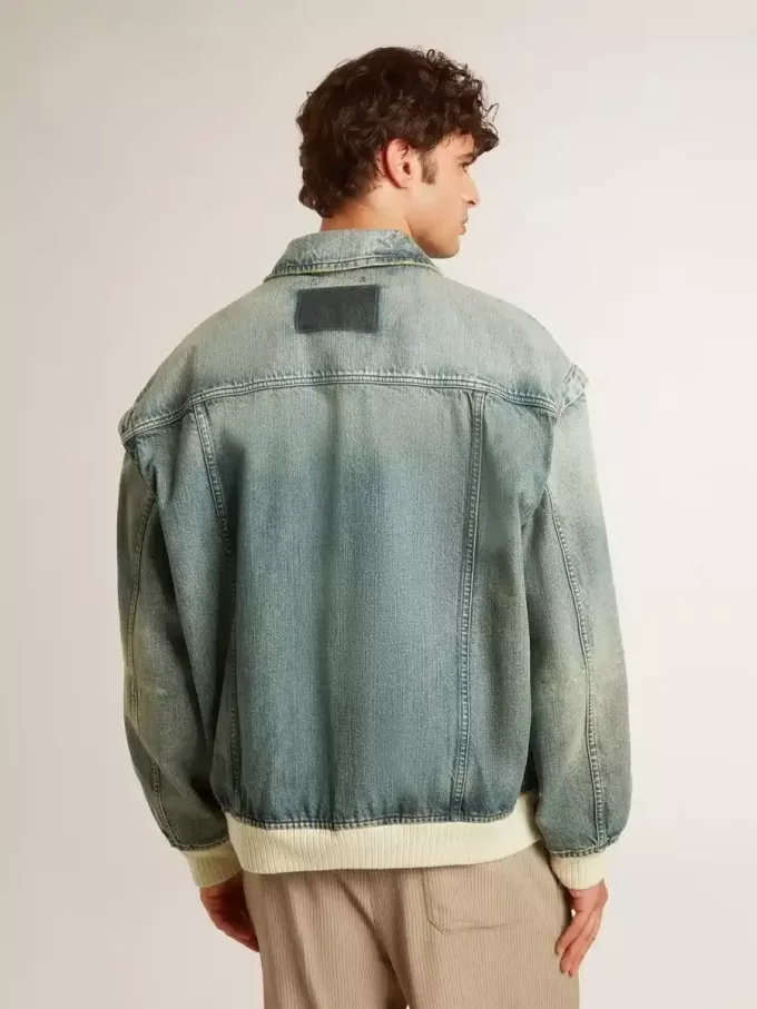 Jacheta din denim spălat pentru bărbați, cu nervuri din amestec de lână