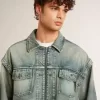 Jacheta din denim spălat pentru bărbați, cu nervuri din amestec de lână