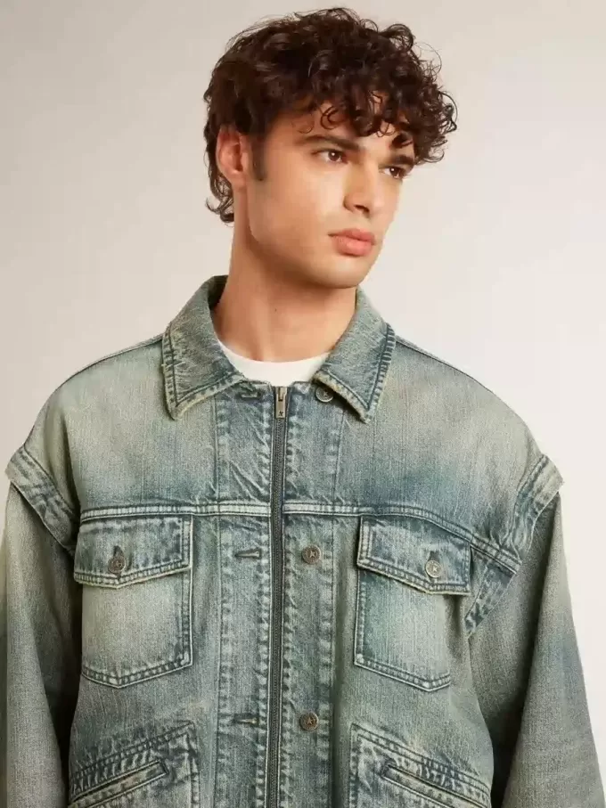 Jacheta din denim spălat pentru bărbați, cu nervuri din amestec de lână