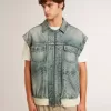 Jacheta din denim spălat pentru bărbați, cu nervuri din amestec de lână