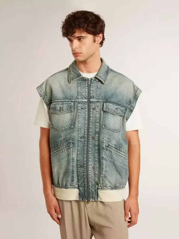 Jacheta din denim spălat pentru bărbați, cu nervuri din amestec de lână