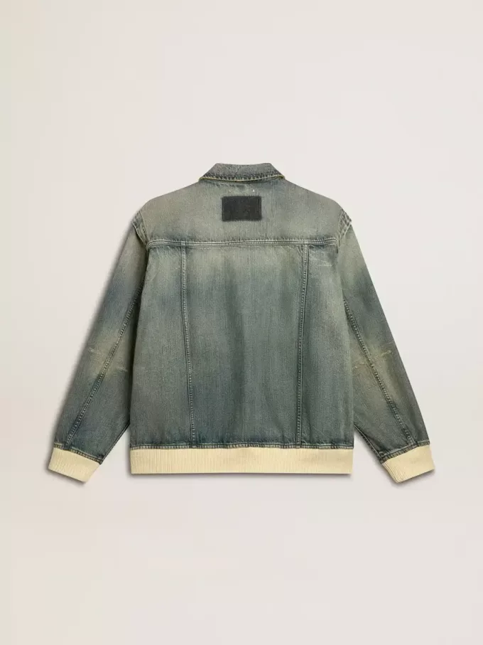 Jacheta din denim spălat pentru bărbați, cu nervuri din amestec de lână