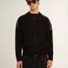 Jacheta din lână merino neagră pentru bărbați, cu patch-uri din piele Jacheta din lână merino neagră pentru bărbați, cu patch-uri din piele