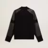 Jacheta din lână merino neagră pentru bărbați, cu patch-uri din piele Jacheta din lână merino neagră pentru bărbați, cu patch-uri din piele