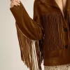 Jacheta din piele de căprioară de culoare tutun pentru femei, cu franjuri Jacheta din piele de căprioară de culoare tutun pentru femei, cu franjuri