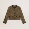 Jacheta Journey pentru femei din tweed de lână cu detalii din piele de căprioară de culoare cafenie Jacheta Journey pentru femei din tweed de lână cu detalii din piele de căprioară de culoare cafenie