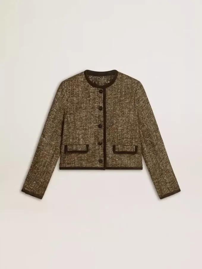 Jacheta Journey pentru femei din tweed de lână cu detalii din piele de căprioară de culoare cafenie Jacheta Journey pentru femei din tweed de lână cu detalii din piele de căprioară de culoare cafenie