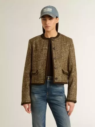 Jacheta Journey pentru femei din tweed de lână cu detalii din piele de căprioară de culoare cafenie