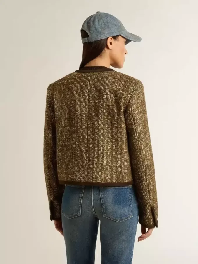 Jacheta Journey pentru femei din tweed de lână cu detalii din piele de căprioară de culoare cafenie Jacheta Journey pentru femei din tweed de lână cu detalii din piele de căprioară de culoare cafenie