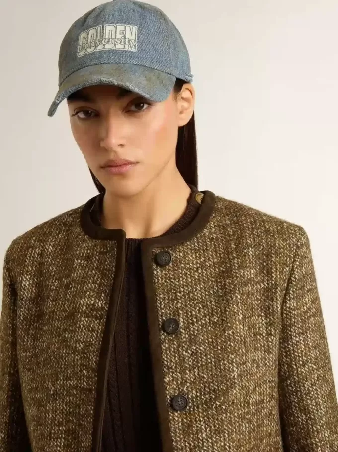 Jacheta Journey pentru femei din tweed de lână cu detalii din piele de căprioară de culoare cafenie Jacheta Journey pentru femei din tweed de lână cu detalii din piele de căprioară de culoare cafenie