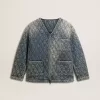 Jacheta matlasată albastră pentru femei din denim de bumbac cu finisaj uzat Jacheta matlasată albastră pentru femei din denim de bumbac cu finisaj uzat