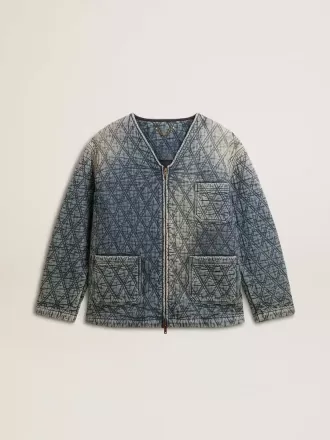 Jacheta matlasată albastră pentru femei din denim de bumbac cu finisaj uzat
