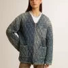 Jacheta matlasată albastră pentru femei din denim de bumbac cu finisaj uzat Jacheta matlasată albastră pentru femei din denim de bumbac cu finisaj uzat