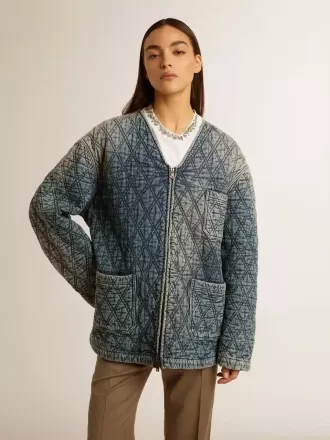 Jacheta matlasată albastră pentru femei din denim de bumbac cu finisaj uzat