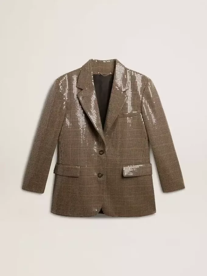 Jacheta pentru femei cu model houndstooth și broderie cu paiete pe toată suprafața Jacheta pentru femei cu model houndstooth și broderie cu paiete pe toată suprafața