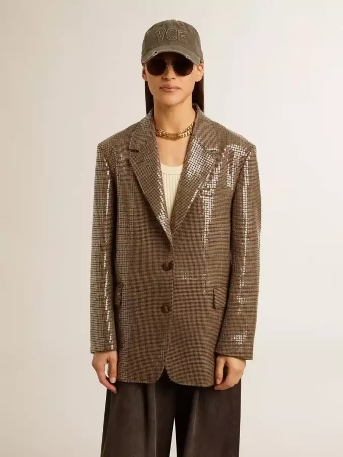Jacheta pentru femei cu model houndstooth și broderie cu paiete pe toată suprafața Jacheta pentru femei cu model houndstooth și broderie cu paiete pe toată suprafața