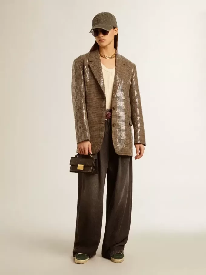 Jacheta pentru femei cu model houndstooth și broderie cu paiete pe toată suprafața Jacheta pentru femei cu model houndstooth și broderie cu paiete pe toată suprafața