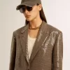 Jacheta pentru femei cu model houndstooth și broderie cu paiete pe toată suprafața Jacheta pentru femei cu model houndstooth și broderie cu paiete pe toată suprafața