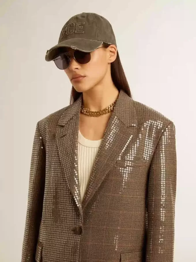 Jacheta pentru femei cu model houndstooth și broderie cu paiete pe toată suprafața Jacheta pentru femei cu model houndstooth și broderie cu paiete pe toată suprafața