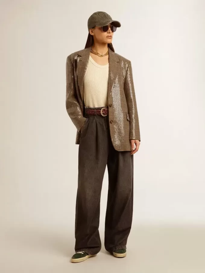 Jacheta pentru femei cu model houndstooth și broderie cu paiete pe toată suprafața Jacheta pentru femei cu model houndstooth și broderie cu paiete pe toată suprafața