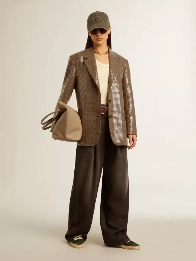 Jacheta pentru femei cu model houndstooth și broderie cu paiete pe toată suprafața Jacheta pentru femei cu model houndstooth și broderie cu paiete pe toată suprafața