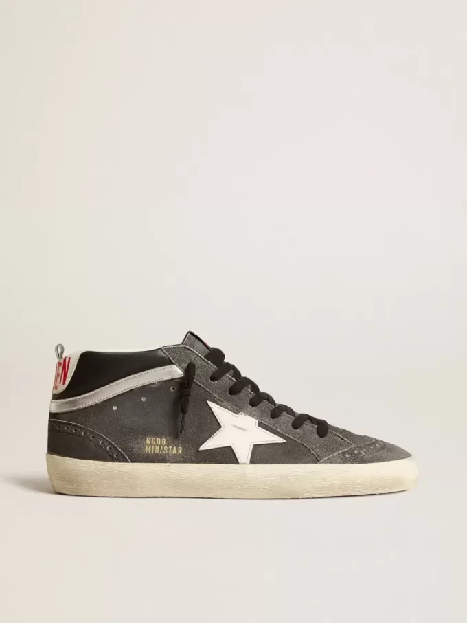 Mid Star din piele de căprioară neagră cu stea din piele albă și detaliu argintiu Mid Star din piele de căprioară neagră cu stea din piele albă și detaliu argintiu