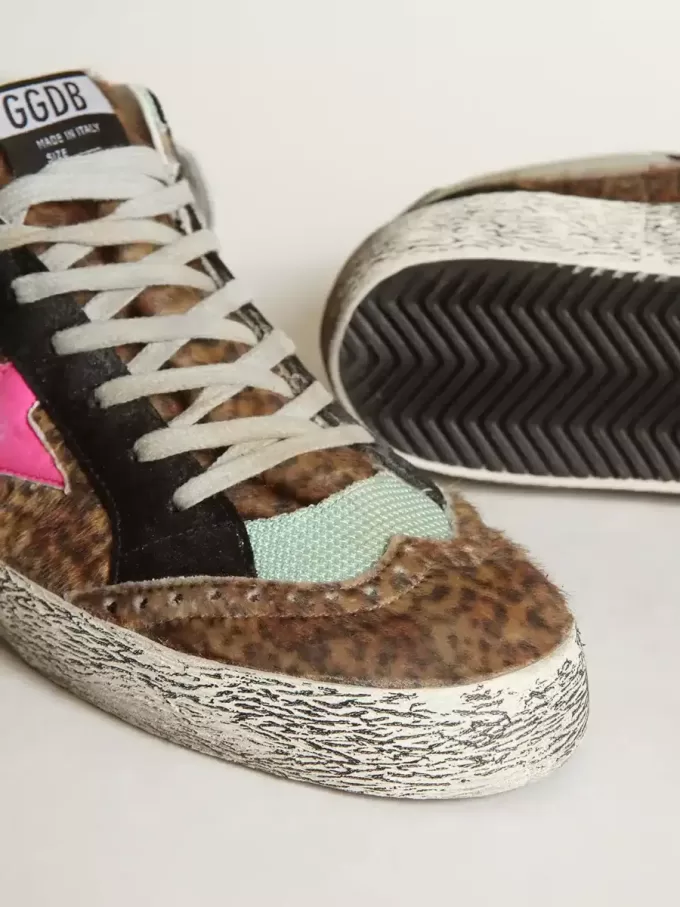 Mid Star din piele de ponei cu imprimeu leopard și stea din piele fucsia Mid Star din piele de ponei cu imprimeu leopard și stea din piele fucsia