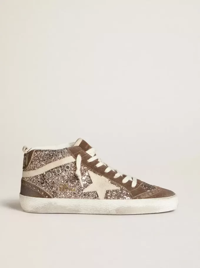 Mid Star pentru femei, cu steluță din piele de căprioară perlată și inserții din piele de căprioară maro Mid Star pentru femei, cu steluță din piele de căprioară perlată și inserții din piele de căprioară maro