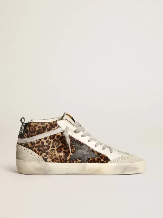 Mid Star pentru femei din piele de ponei cu imprimeu leopard și stea neagră Mid Star pentru femei din piele de ponei cu imprimeu leopard și stea neagră