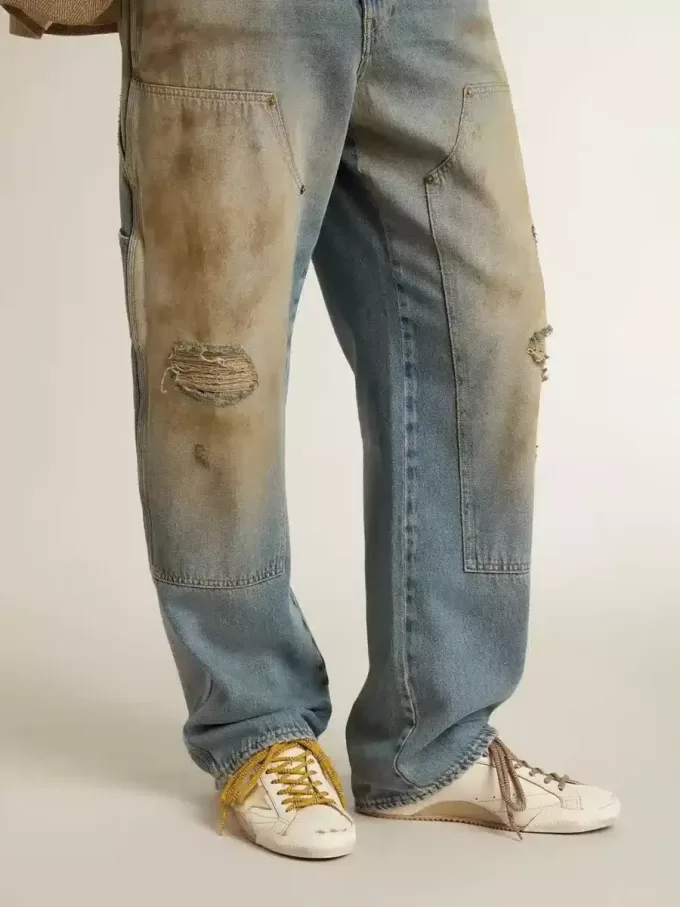 Modelul True-Star pentru bărbați, din piele nappa albă, cu stea din piele aurie și călcâi din piele de căprioară bej Modelul True-Star pentru bărbați, din piele nappa albă, cu stea din piele aurie și călcâi din piele de căprioară bej