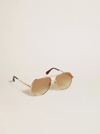 Ochelari de soare în stil aviator, cu ramă roz-auriu și lentile de culoarea mierii
