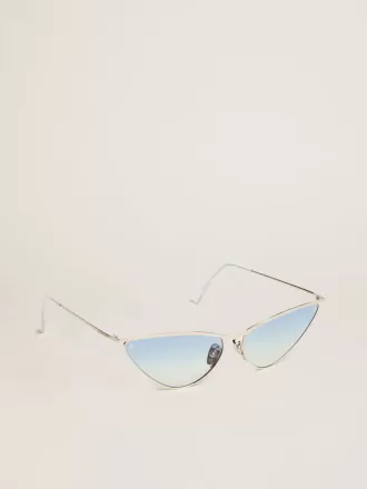 Ochelari de soare în stil cat-eye cu ramă argintie și lentile albastre