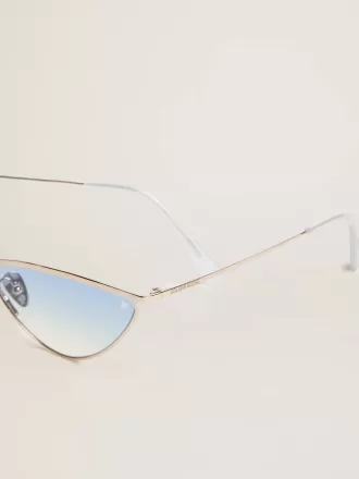 Ochelari de soare în stil cat-eye cu ramă argintie și lentile albastre
