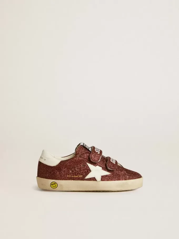 Old School Junior în culoarea burgundy glitter, cu stea din piele și bandă pe călcâi Old School Junior în culoarea burgundy glitter, cu stea din piele și bandă pe călcâi