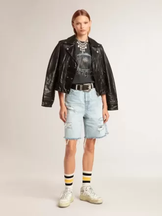 Pantaloni scurți Bermuda pentru femei din denim cu efect uzat Pantaloni scurți Bermuda pentru femei din denim cu efect uzat