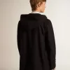 Palton din lână albastru închis, cu glugă și închidere cu capse Palton din lână albastru închis, cu glugă și închidere cu capse