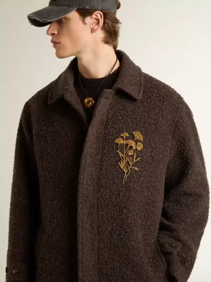 Palton Journey pentru bărbați, cu un singur rând de nasturi, din amestec de lână șifonată, cu broșă florală Palton Journey pentru bărbați, cu un singur rând de nasturi, din amestec de lână șifonată, cu broșă florală