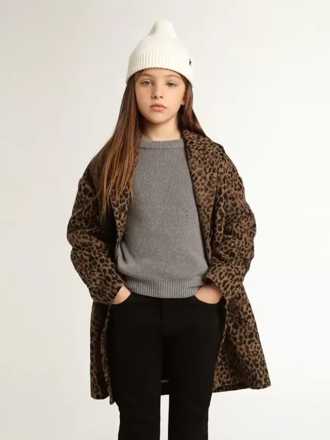 Palton pentru fete, cu un singur rând de nasturi, din lână, cu imprimeu animalier jacquard Palton pentru fete, cu un singur rând de nasturi, din lână, cu imprimeu animalier jacquard