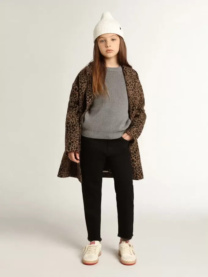 Palton pentru fete, cu un singur rând de nasturi, din lână, cu imprimeu animalier jacquard Palton pentru fete, cu un singur rând de nasturi, din lână, cu imprimeu animalier jacquard