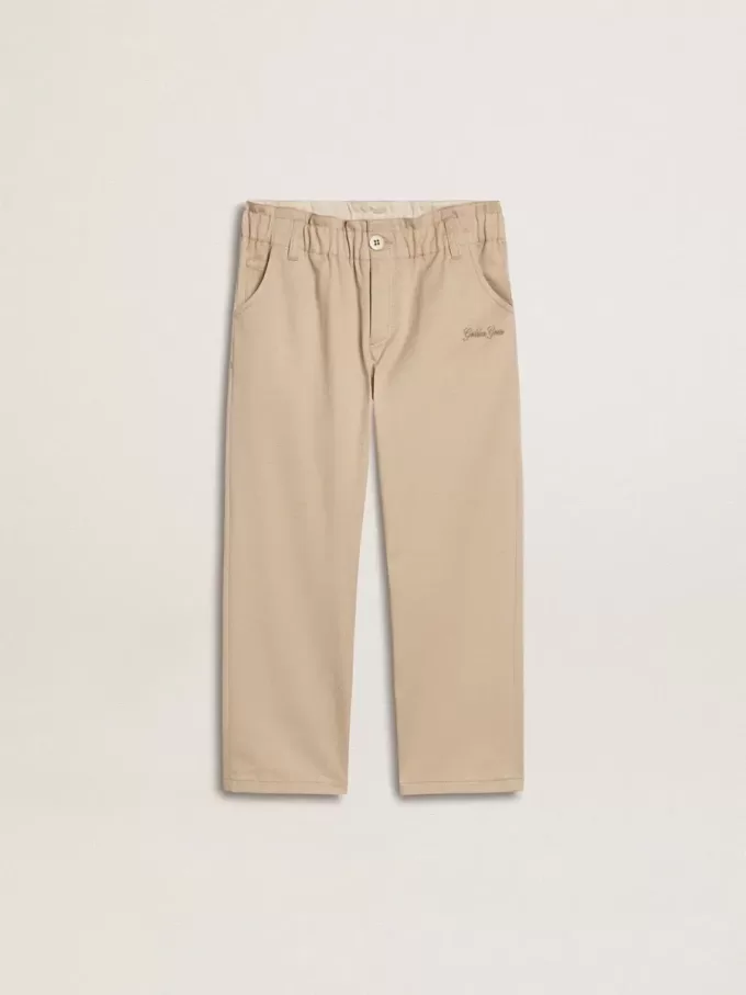 Pantaloni bej din bumbac pentru fete, cu broderie Pantaloni bej din bumbac pentru fete, cu broderie
