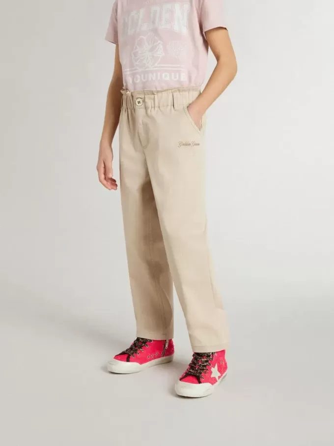 Pantaloni bej din bumbac pentru fete, cu broderie Pantaloni bej din bumbac pentru fete, cu broderie